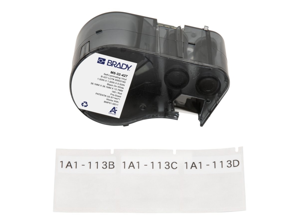 Brady B-427 - Vinyl - Matt - Permanenter Acrylatkleber - 101,6 My - Schwarz Auf Weiß, Klar - 38,1 X 38,1 Mm 180 Etiketten (1 Rolle(N) X 180) Selbstla