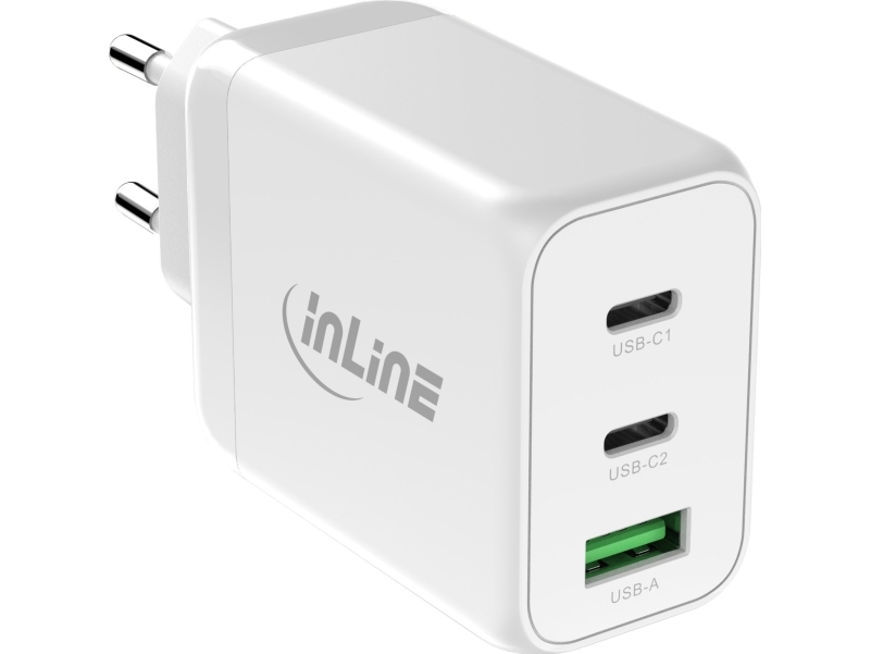 Inline Usb Pd-Strømforsyning, Gan-Oplader, 3-Port, Dobbelt Usb-C+Usb-A, 65W, Hvid