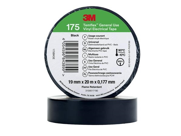 3M™ Temflex™ el vinyltape 175, Sort, 19 mm x 20 m, 100 rl/pk - (100 stk.)