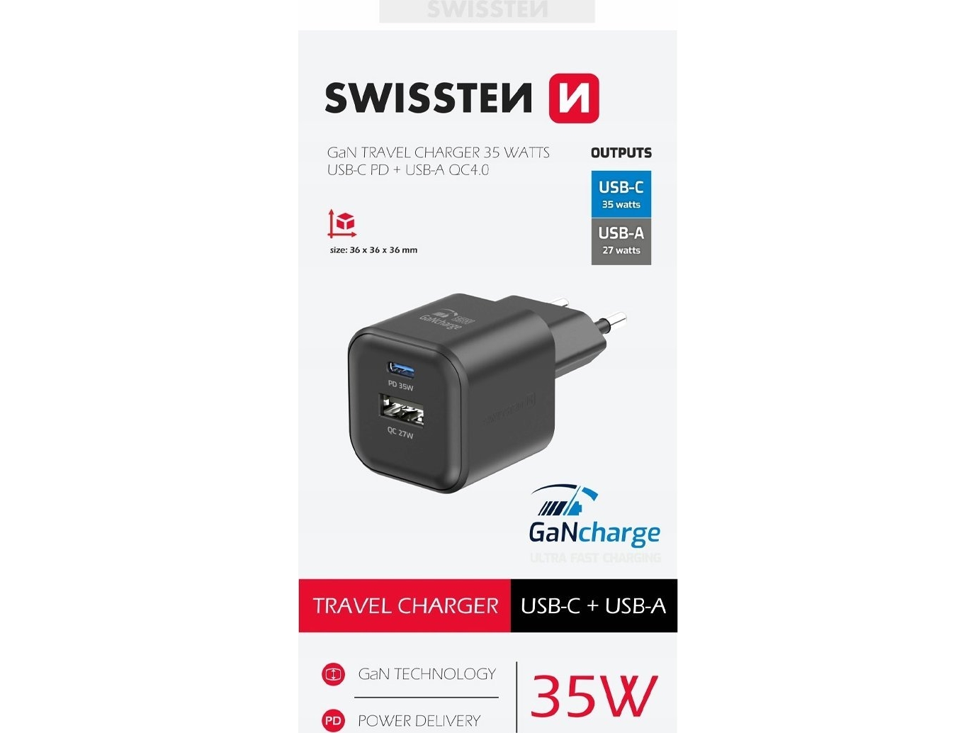 Swissten Travel Charger Gan Usb-C 35W Pd / Usb-A 27W Qc