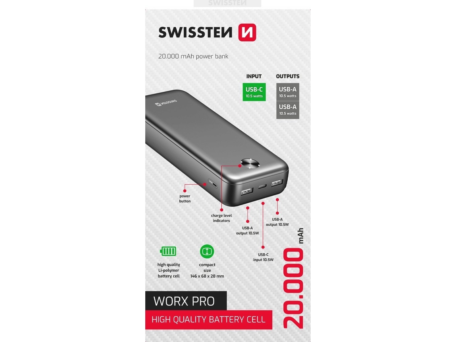 Swissten, Powerbank, Worx Pro, Li-Pol, 5/9/12V, Zum Laden Von Handys Und Anderen Geräten, 22013961, 20000Mah, Schwarz