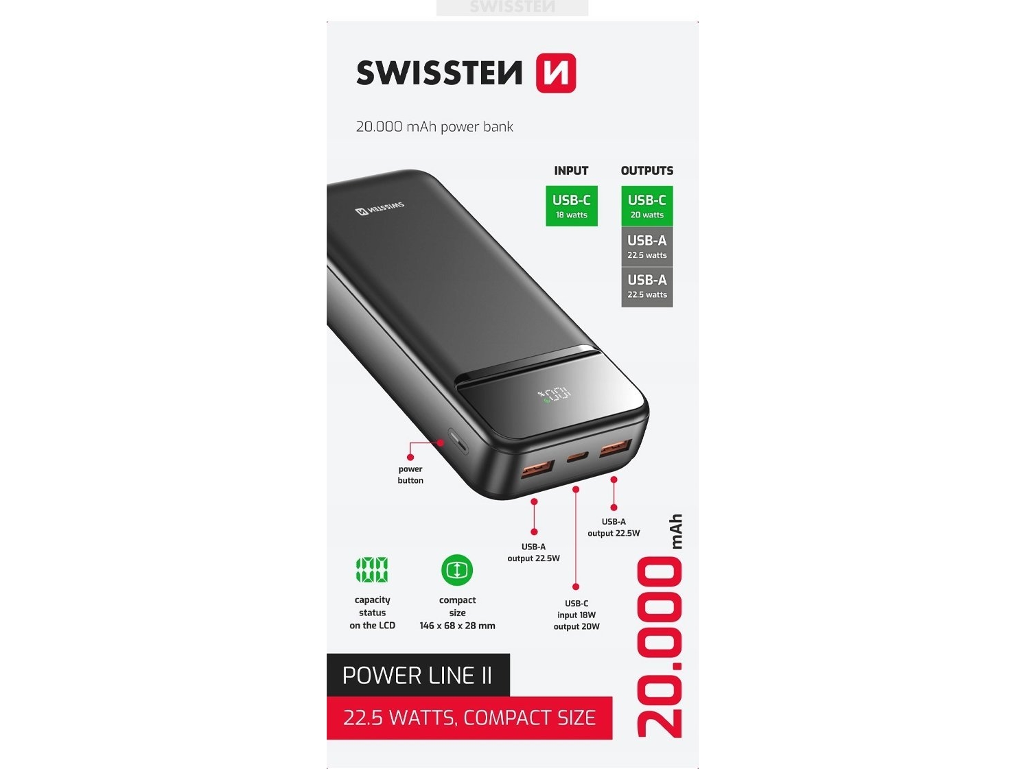 Swissten, Powerbank, Power Line Ii, Li-Pol, 5/9/12V, Zum Laden Von Handys Und Anderen Geräten, 22013947, 20000Mah, Schwarz