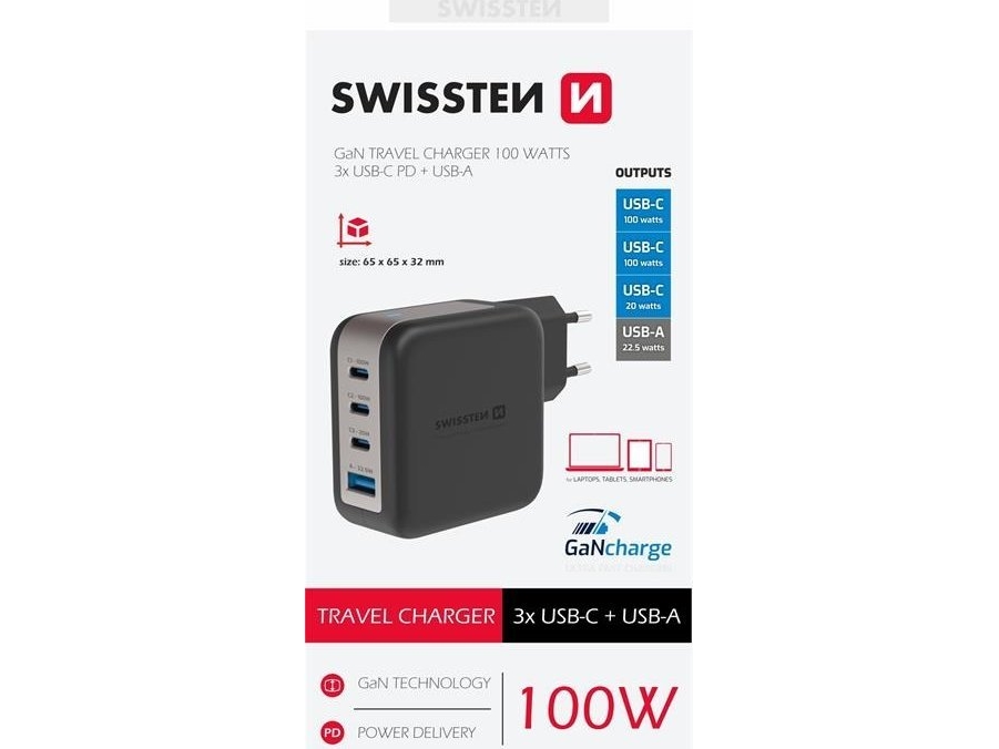 Swissten Travel Charger Gan 3X Usb-C Pd 100W / Usb-A 18W Qc Ladegerät