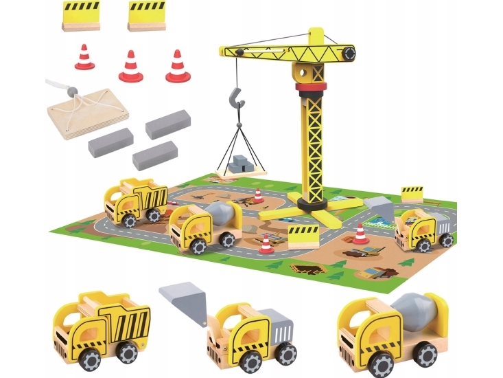 Medinis statybų aikštelės rinkinys 5in1 su kranu XXL WOOPIE Žalias