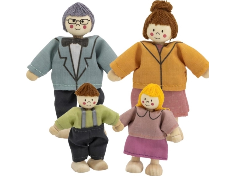 Viga Toys sæt med trædukker og stofoutfits, 4 dele