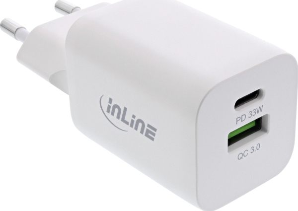 Inline Power Delivery + Quick Charge Usb-Strømadapter, 33W, Usb-A + Usb-C, Hvid