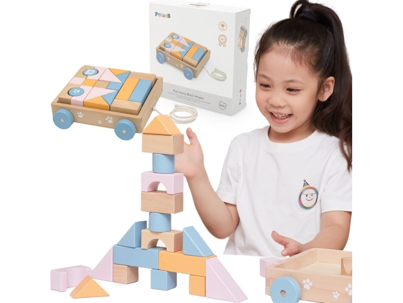 Viga Toys Trækvogn i træ + 21 legepladsklodser