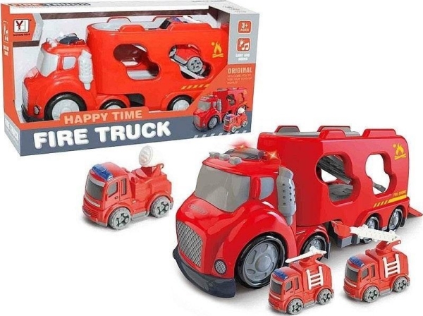A Car With A Container And 2 Fire Department Cars