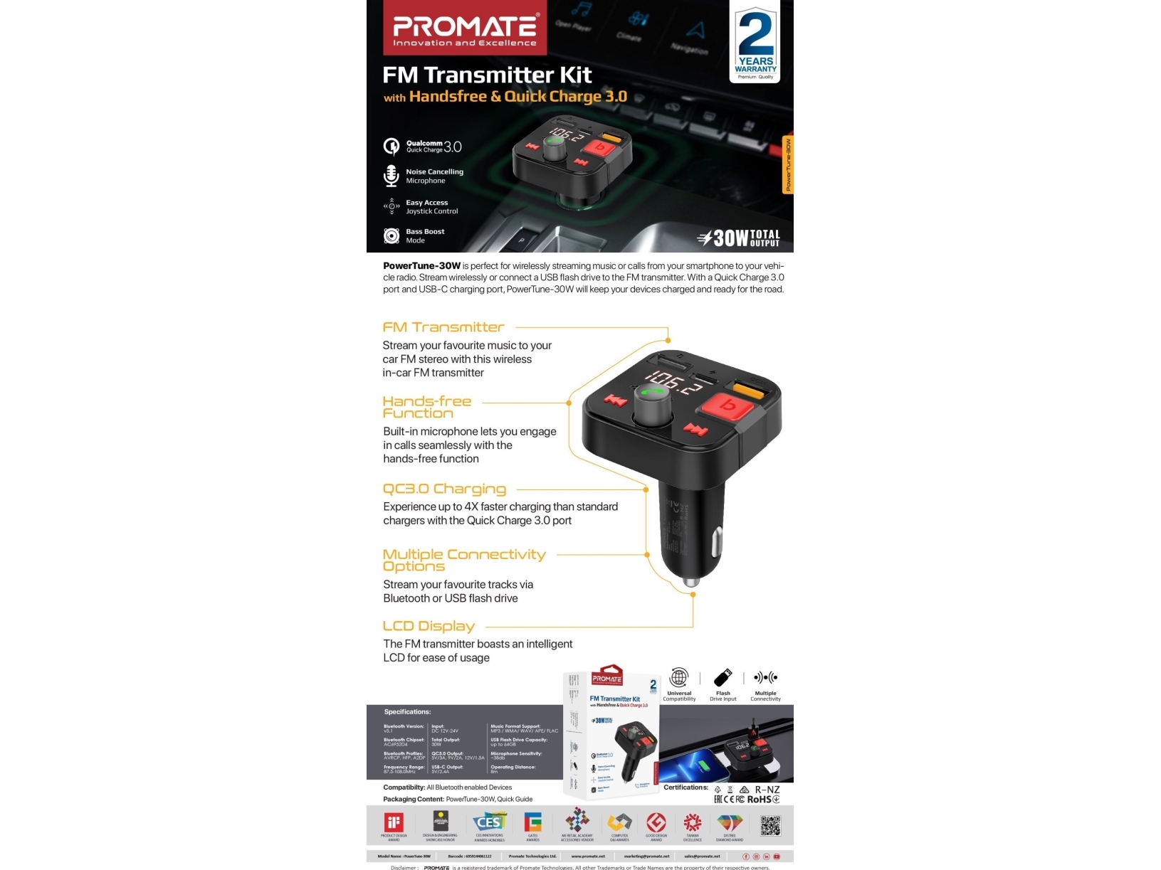 FM-sändare Promate PROMATE PowerTune-30W Bluetooth FM-sändare QC3.0 / PD30W / USB / handsfree | Bilvård & Biltillbehör - HiFi för bilar - Hifi Tillbehör | GameStuff