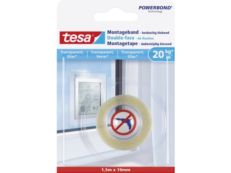 Tesa 77740-00000, Støbetape, Transparent, 1,5 M, Indendørs & Udendørs, Glas, Plast, 20 Kg/Cm