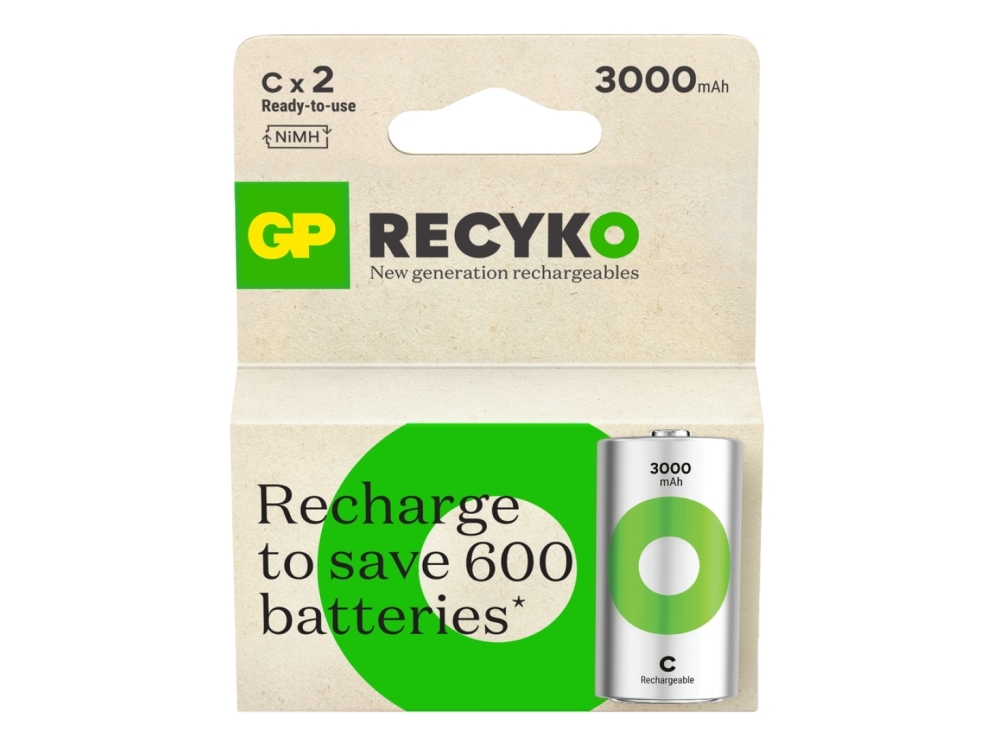 C-batteri R14 GP Batteries ReCyko NiMH 1.2 V 3000 mAh 2 stk