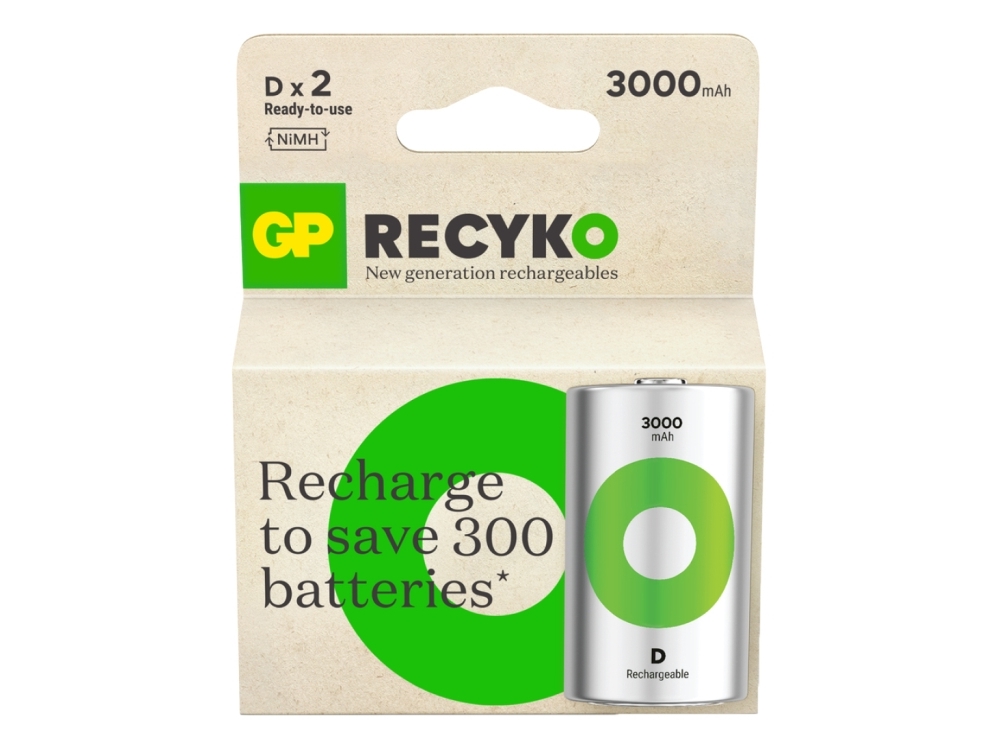 GP-batterier ReCyko NiMH oppladbare D-batterier 1,2V (5700mAh) 2pk