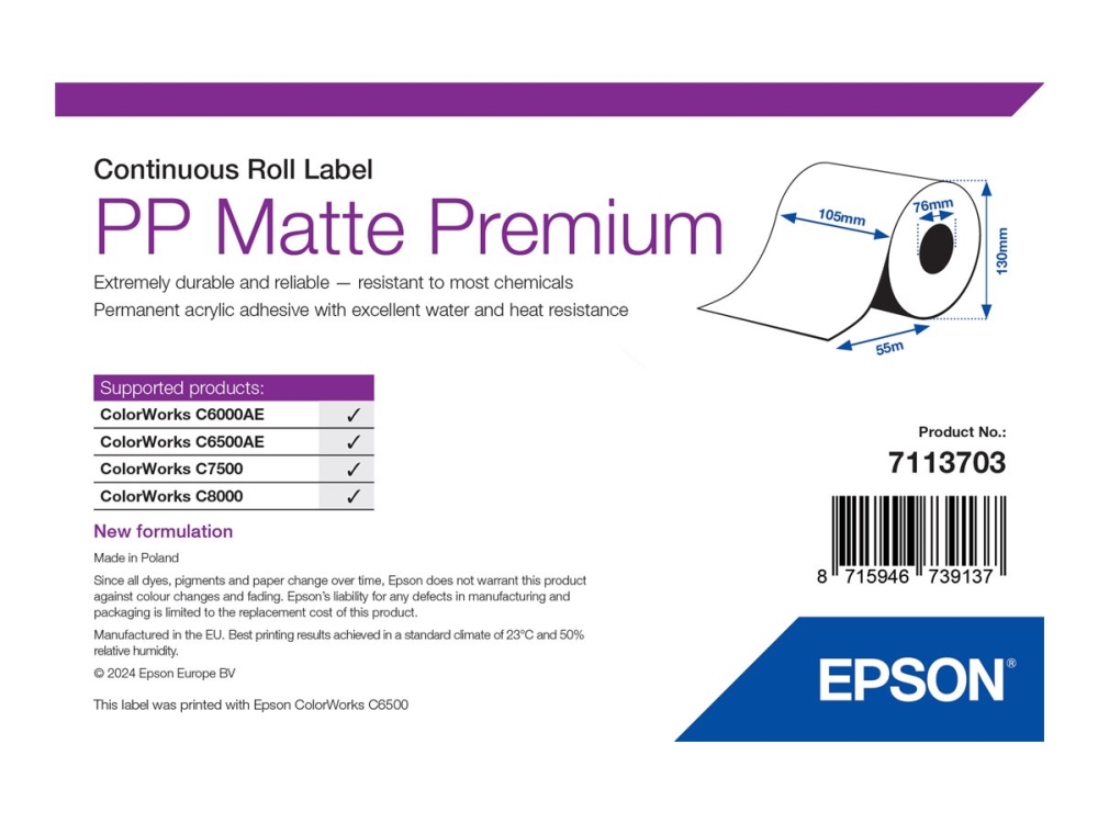 Epson Premium - Polypropylen (PP) - mat - permanent akryllisk klæbemiddel - Rulle (10,5 cm x 55 m) 1 rulle(r) fortløbende mærkater - for ColorWorks C7500, C7500G, C8000e (BK), C8000e (MK), CW-C6000Ae, CW-C6500Ae