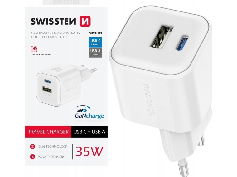 Swissten Gan 35W Netzgerät, 2-Port, Usb-A + Usb-C, Smart Ic