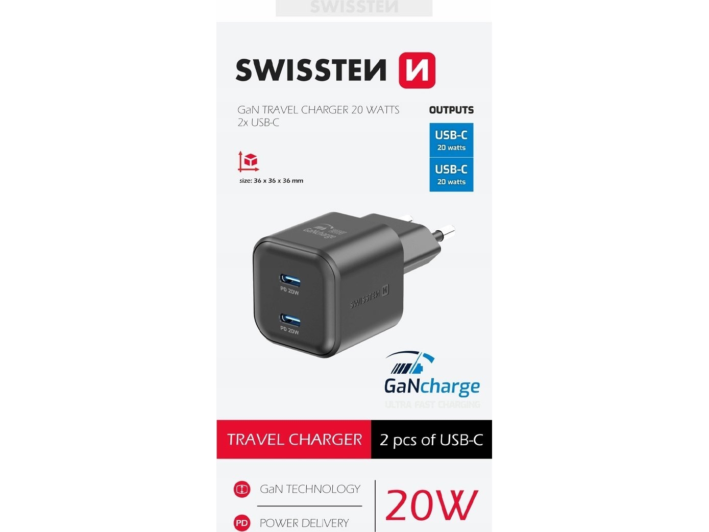 Swissten Gan Pd 2X Usb-C Travel Oplader 20W