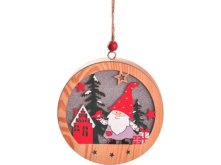 Weihnachtslampe Aus Holz Mit Wichtel Und Haus - Rund