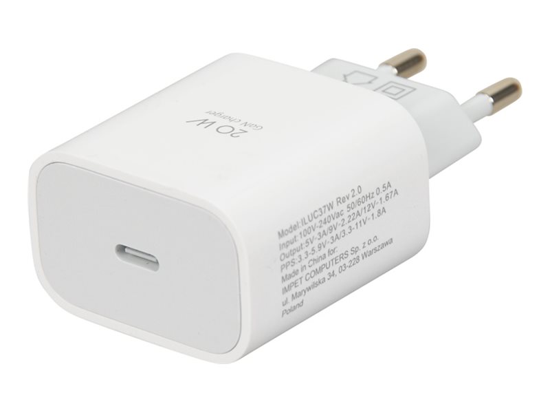 iBOX C-37 - Strømforsyningsadapter - 20 Watt - 3 A - Huawei Fast Charge, QC 3.0, AFC, SCP, Apple 2.4A, USB BC 1.2, Power Delivery 3.0 + PPS (USB-C) - hvid
