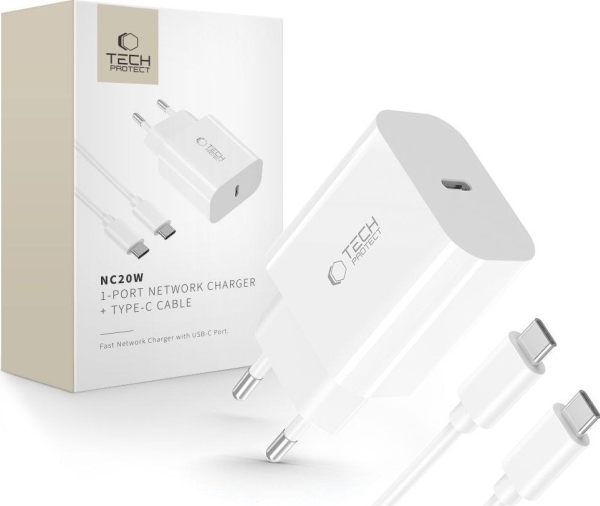 Tech-Protect Tech-Protect Nc20w 1-Port Netværksoplader Pd20w + Type-C Kabel Hvid