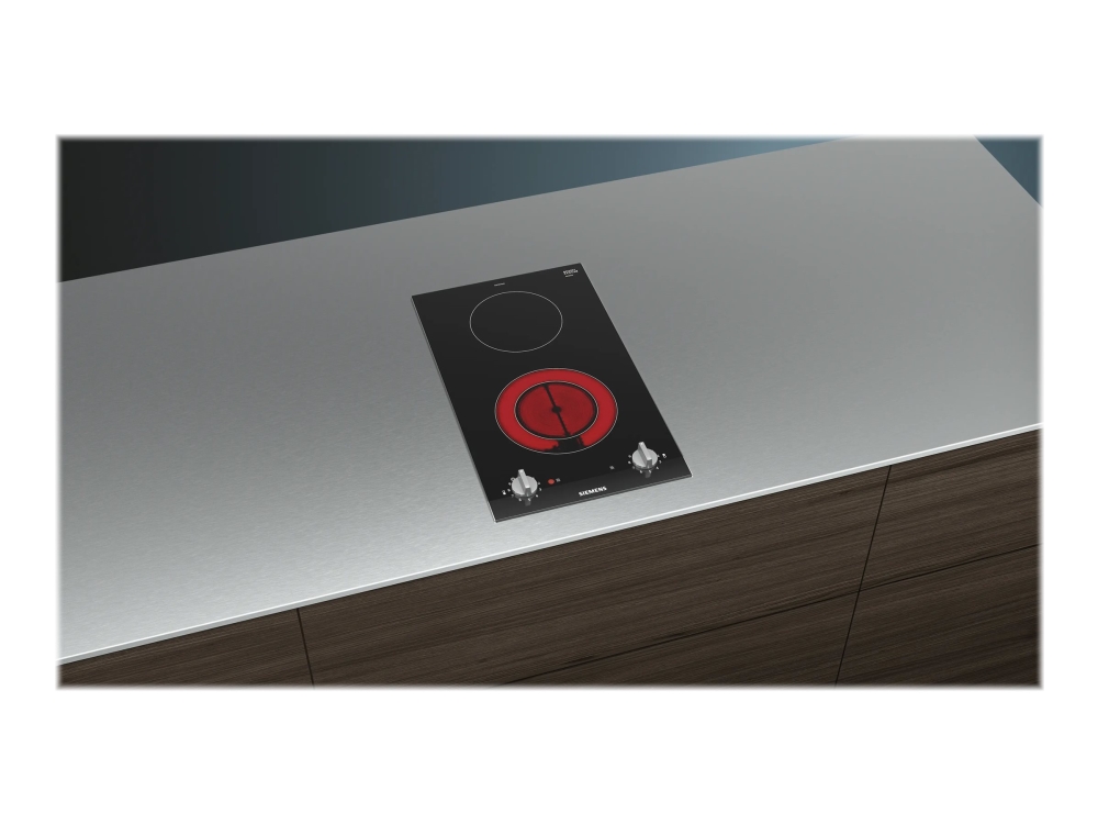 Siemens iQ300 ET375CFA1E - Keramisk kogeplade - 2 plader - Niche - bredde: 27 cm - dybde: 49 cm - med rustfrit stål-sidepynt, - med facetteret frontkant - børstet aluminium/sort