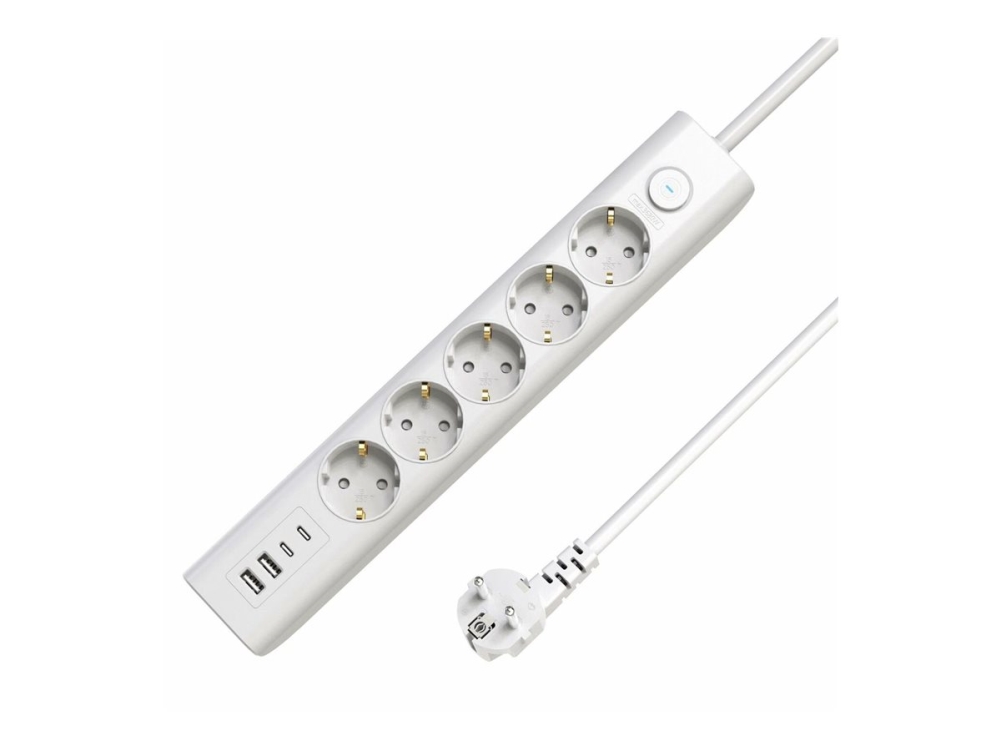 MicroConnect - Effektband - 5-vägs, av/på knapp - AC 230 V - ingång: Typ F - utgångskontakter: 9 (5 x strömtyp F, 2 x USB, 2 x USB-C) - 1.5 m sladd - vit | EL Artiklar - Andra EL - Pluggar och uttag | GameStuff