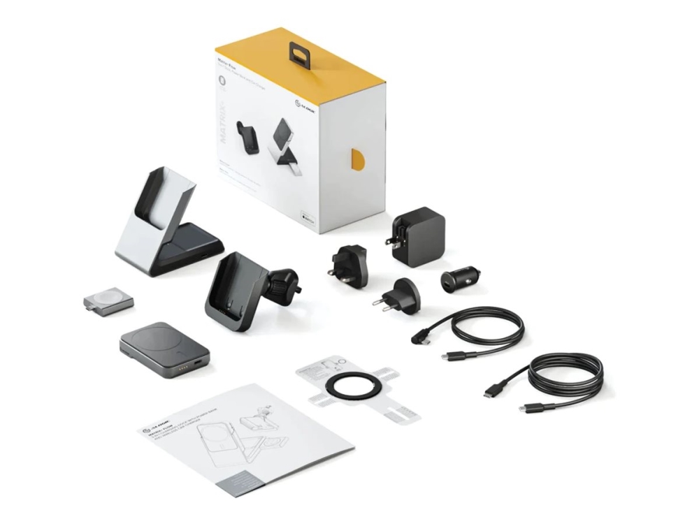 Alogic Matrix+ Flow - Trådløs Opladningsstander - 3-I-1 + Bilstrømsadapter + Trådløs Opladnings Powerbank - 5000 Mah - 30 Watt - 3 A - Sort Og Hvid