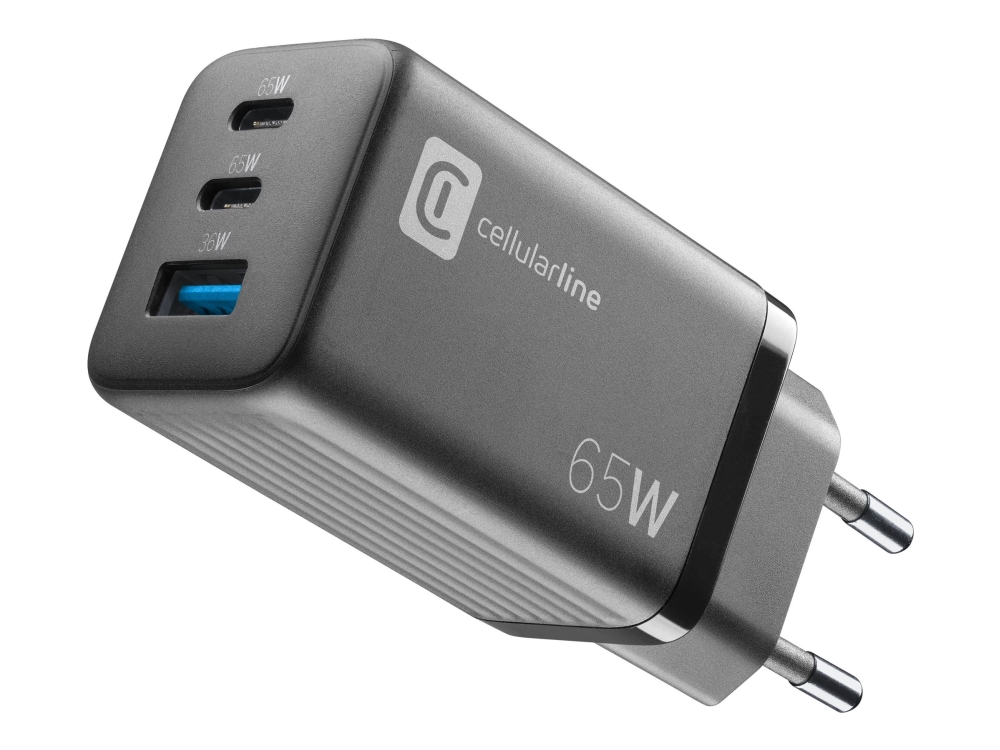 Cellularline Multipower Micro - Strømforsyningsadapter - Ultra-Kompakt - 65 Watt - 3.25 A - Sfc 2.0, Pd - 3 Output-Stikforbindelser (Usb Type A, 2 X