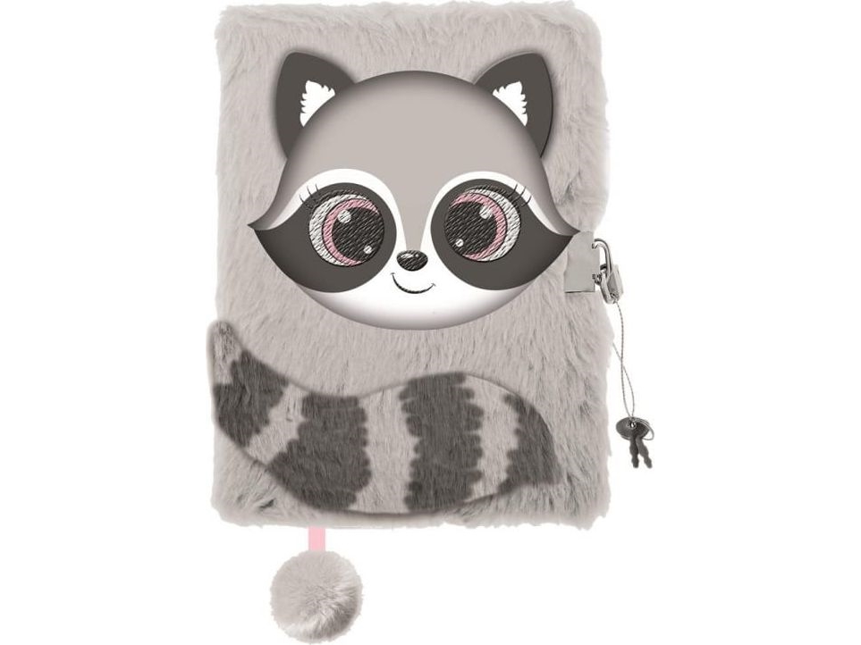 MAJEWSKI Dagbog med hængelås 3D behåret A5 96 sider linje Vaskebjørn