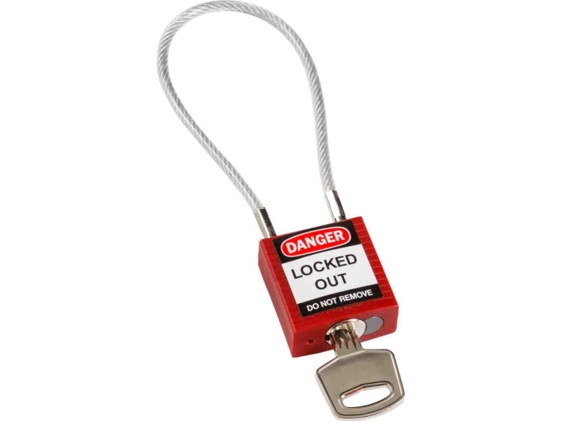 Bilde av Kompaktes Sicherheitsschloss Nylon Mit Kabelbügel, Rot, 200Mm Kabellänge, 4,7Mm Pvc-Beschichtetes Kabel (Keyed Different) (1Er Pack) (146120)