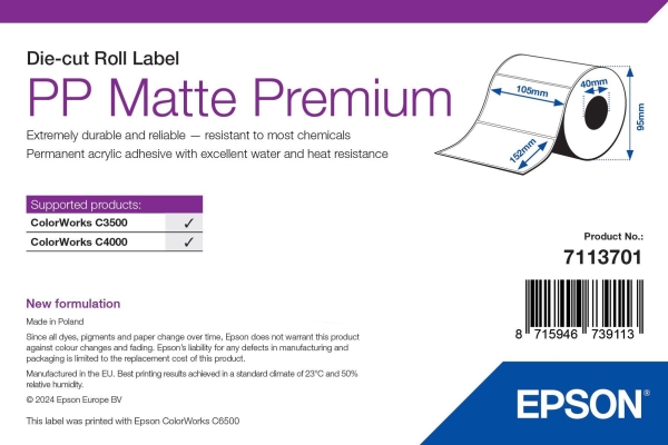 Epson Premium - Polypropylen (PP) - matt - permanent akrylhäftning - 105 x 152 mm 185 etikett (er) (1 rulle/rullar x 185) matrisskurna etiketter - för ColorWorks CW-C4000E (BK), CW-C4000E (MK) | Skrivare - Skrivarpapper | GameStuff