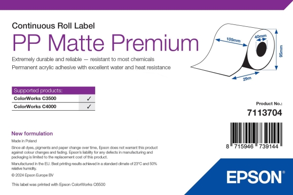 Epson Premium - Polypropylen (PP) - mat - permanent akryllisk klæbemiddel - Rulle A6 (10,5 cm x 29 m) 1 rulle(r) fortløbende mærkater - for ColorWorks CW-C4000