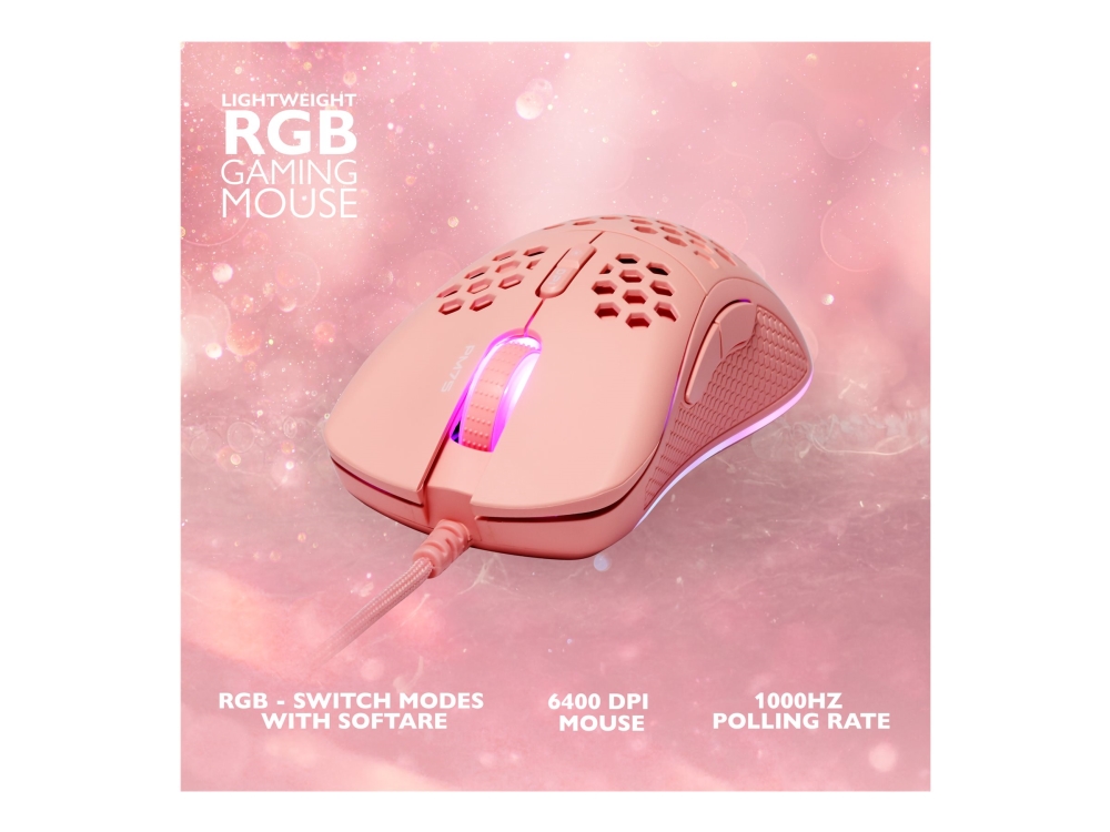 DELTACO GAMING PM75 - Mus - ultralätt, gaming, RGB - 7 knappar - kabelansluten - USB - rosa - hängande låda | Spel - Gamingmöss & Tangentbord - Gaming möss | GameStuff