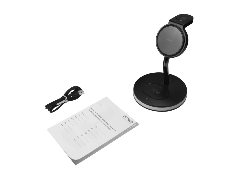 3-in-1 magneettinen langaton laturi DELTACO, puhelin/TWS/kello, LED-valo / QI-1041