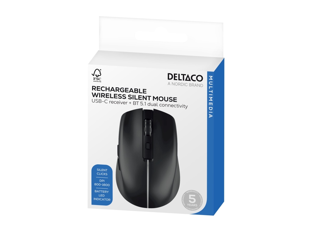 Deltaco Trådløs Mus Med Dual-Mode Og Justerbar Dpi, Lydløs, Sort, Højre Hånd, Optisk, Rf Trådløs + Bluetooth, 1600 Dpi, Sort