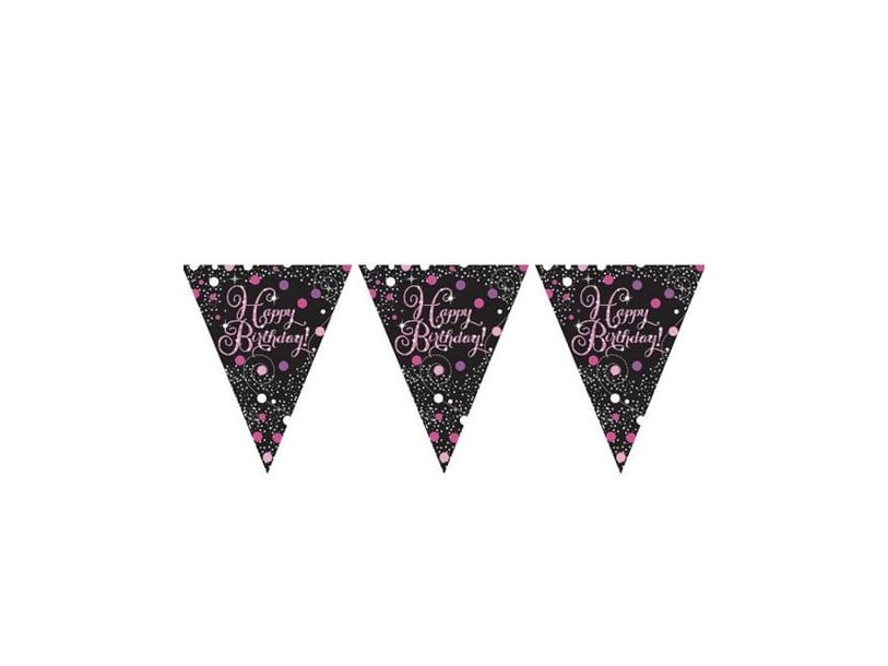 Vimpelguirlande Happy Birthday Sort/Lyserød Glitter