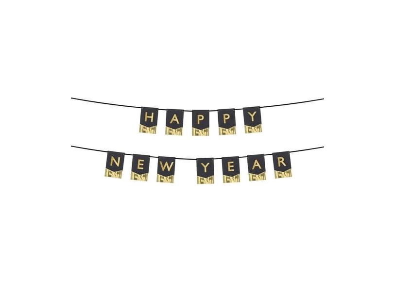 Partydeco Happy New Year, Girlande, Papier, Schwarz, Gold, Abbildung, Silvester, Zimmerdecke, Wand