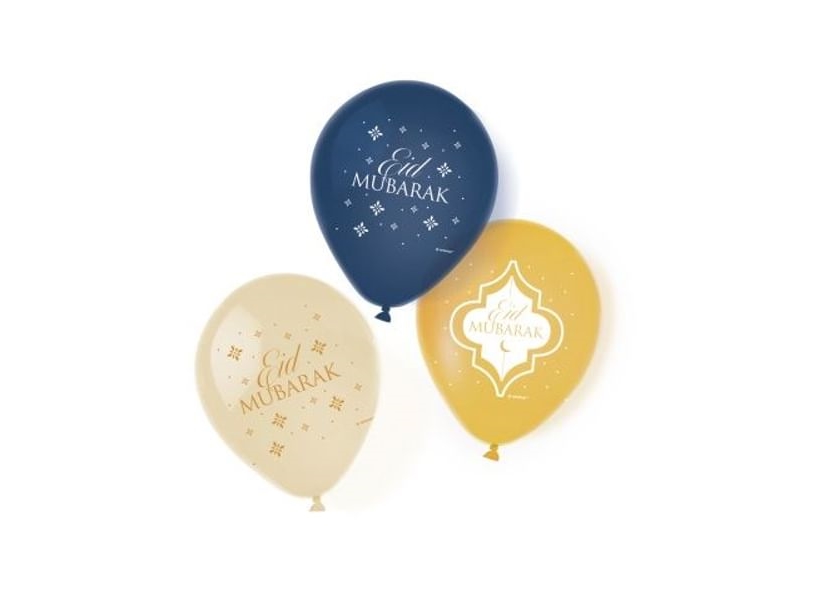 Eid Mubarak balloner 6 stk. - Guld, blå & hvide