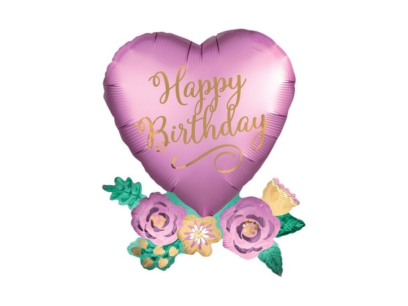 Folieballon Happy Birthday Hjerte Med Blomster