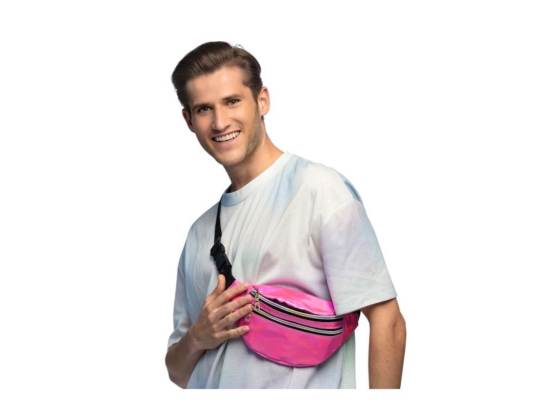 Vaaleanpunainen holografinen vyölaukku