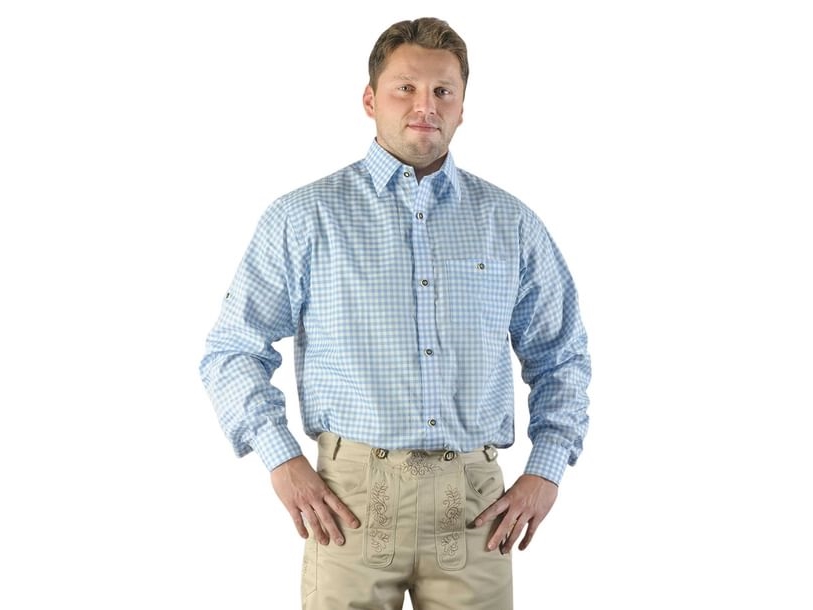 Vaaleansininen ja valkoinen ruudullinen tirolilainen paita