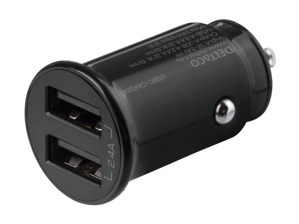 DELTACO USB-CAR124 - Bilstrømadapter - 12 watt - 2.4 A - 2 utgangskontakter (USB) - svart