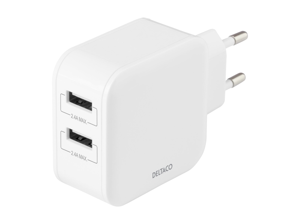 DELTACO - Strömadapter - 24 Watt - 4.8 A - 2 utdatakontakter (USB) - vit | Tele & GPS - Batteri & Laddare - Laddare | GameStuff