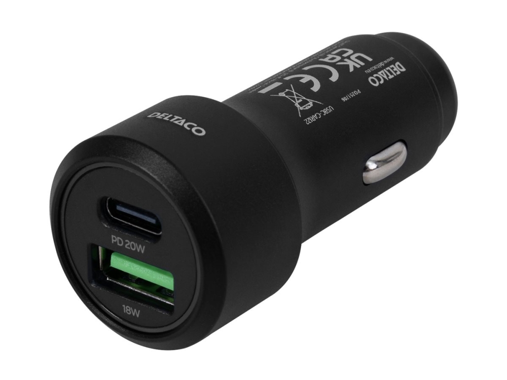 DELTACO USBC-CAR122 - Bilstrømsadapter - 36 Watt - 3 A - PD - 2 output-stikforbindelser (USB, USB-C) - sort