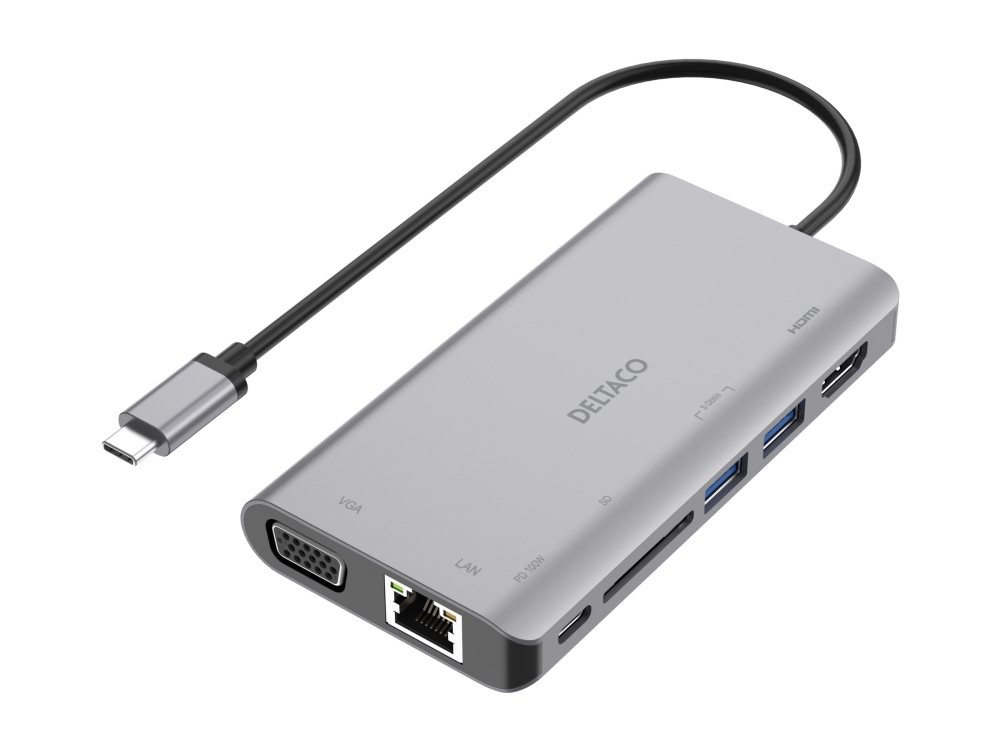 Produktfoto för Deltaco USB-C dockningsstation HDMI/VGA/2xUSB-A PD