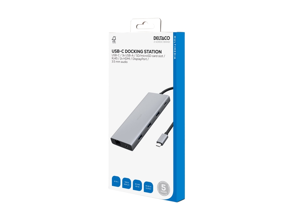 Hub Usb Deltaco 12-In-1 Usb-C Dockingstation Deltaco, Dreifach-Display, 4K Uhd 60 Hz, Pd 85 W, Silber / Usbc-Hdmi27 / 1902422