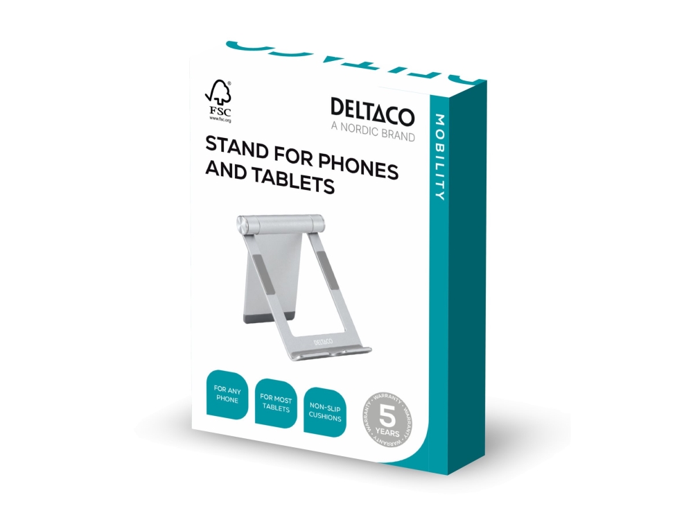 Deltaco Arm-0516 - Stativ For Mobiltelefon, Tablet - Aluminum, Adjustable, Foldable, Non-Slip, Universal - Sølv