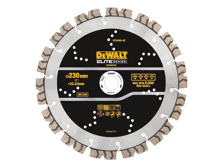 DeWALT DT20462-QZ, Segmenteret kantdiamantskive, Tør/vådskæring, Beton, 1,2 cm, 23 cm, 255 mm