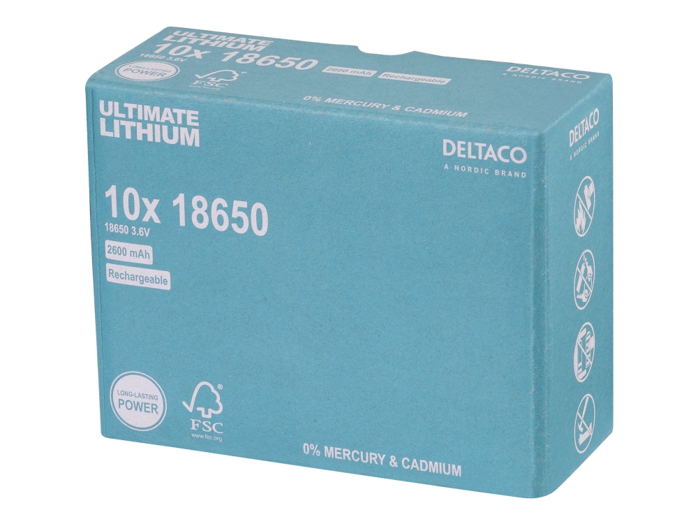 DELTACO Ultimate - Batteri 10 x 18650 - Li - 2600 mAh - blå