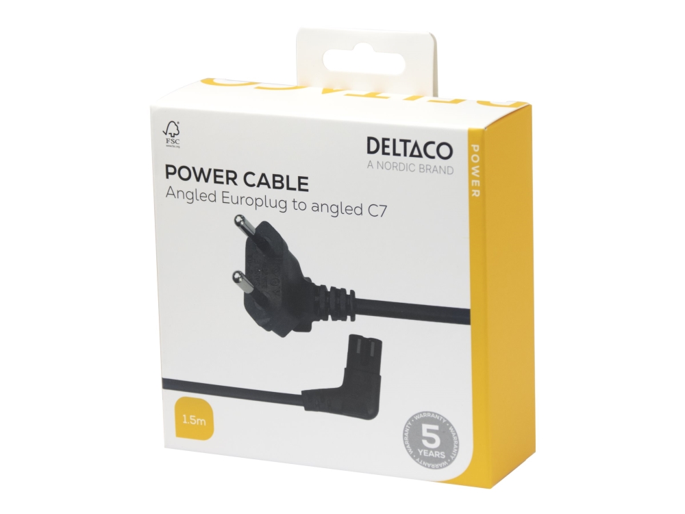Deltaco - Strømkabel - Europlug Til Power Iec 60320 C7 Vinklet - 1.5 M - Sort