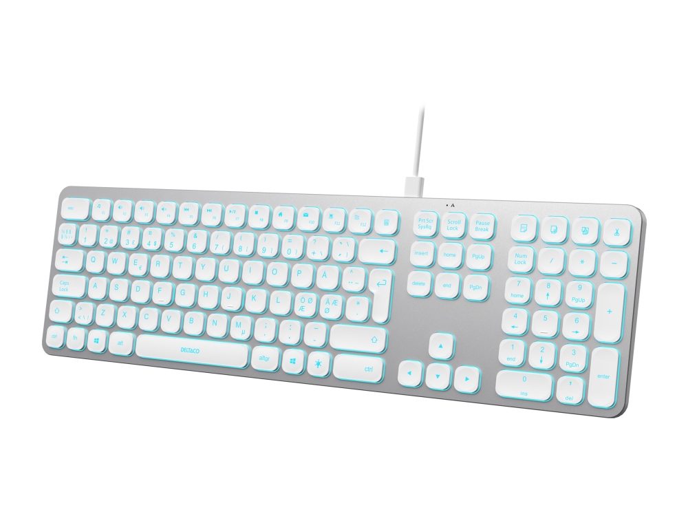 DELTACO TB-904 - Tastatur - lavprofil, aluminium - full size - bagbelyst - USB, USB-C - QWERTY - Nordisk - sølv, hvid