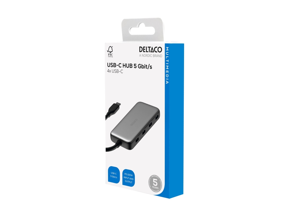 DELTACO - Hubb - 5 Gbps, USB-C - 1 x USB-C (Power Delivery 3.0) + 3 x USB-C - skrivbordsmodell | Datortillbehör - Kablar & adaptrar - USB-hubbar | GameStuff